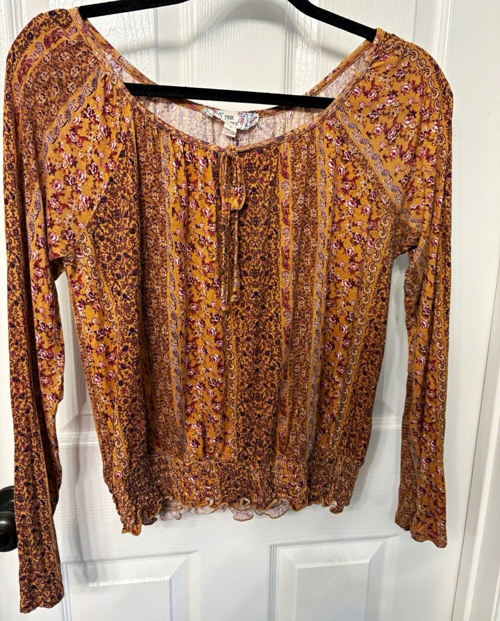 Pink Republic M Brown Peasant Smocked Tie Top Boho Y2K Cottage Core Fall